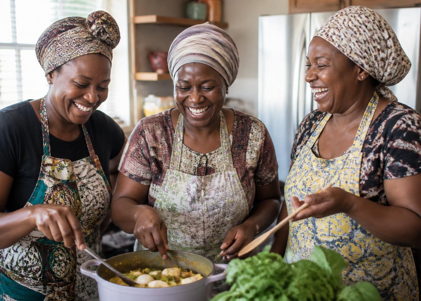 Three sisters cooking together in a warm kitchen
